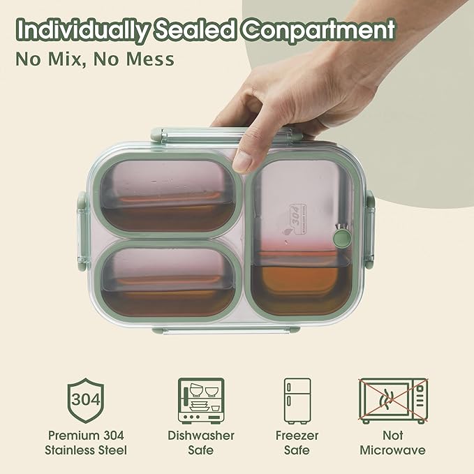 Kabbas Stainless Steel Bento Box Kids & Adults - 25 oz Leakproof Lunch Box with 3 Compartments, Premium 304 Stainless Steel Lunch Box for Kids, Dishwasher Safe, Suitable for School, Office, Outside