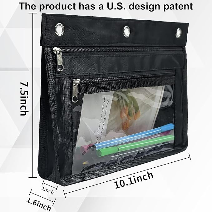 YoeeJob 2 Pack Expandable Pencil Pouches for 3 Ring Binders, Black | 1-inch expansion, 2 clear PVC pockets, 3 holes, large-capacity storage for school and office supplies.