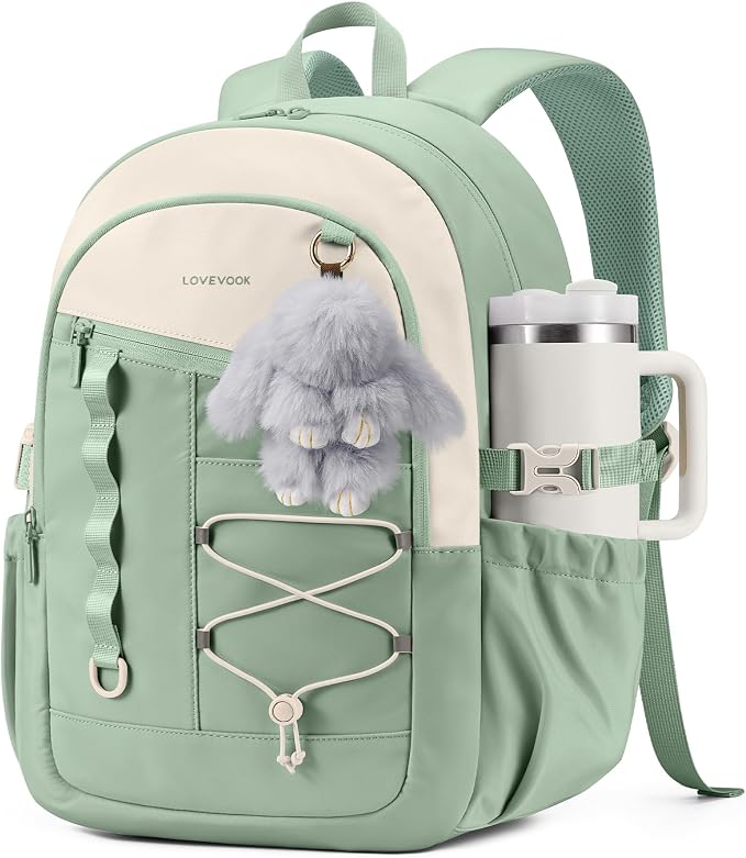 LOVEVOOK School Backpack for Girls, Large Capacity 16 Laptop Backpack with Tumbler Pockets, Multi-Compartment Backpacks with Lucky Bunny Charm, Water-Resistant Travel Backpack, Mint Green