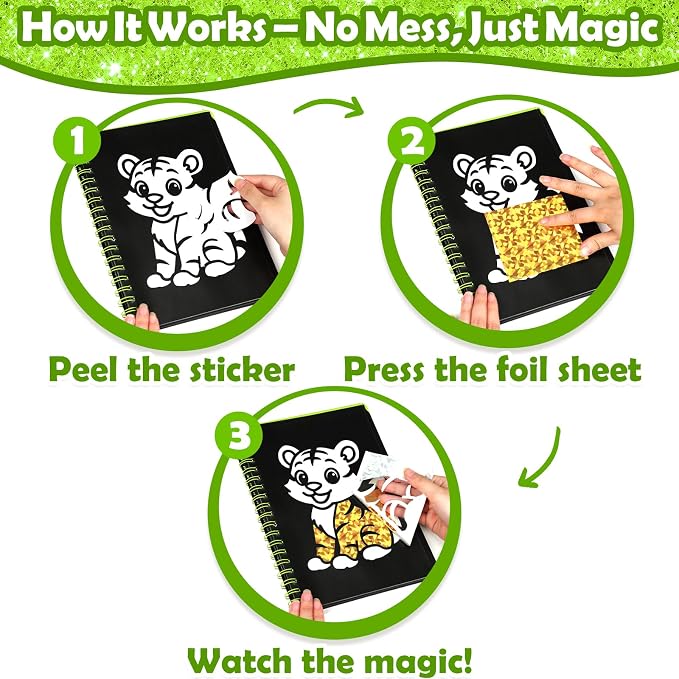 FUNNYB&G Foil Art Craft Kit for Kids 4-10 Years Old: Mess-Free & No-Glue, Create 16 Sparkly Animal World Pictures – Perfect Travel Toy & Birthday Gift for Kids (Animal World)