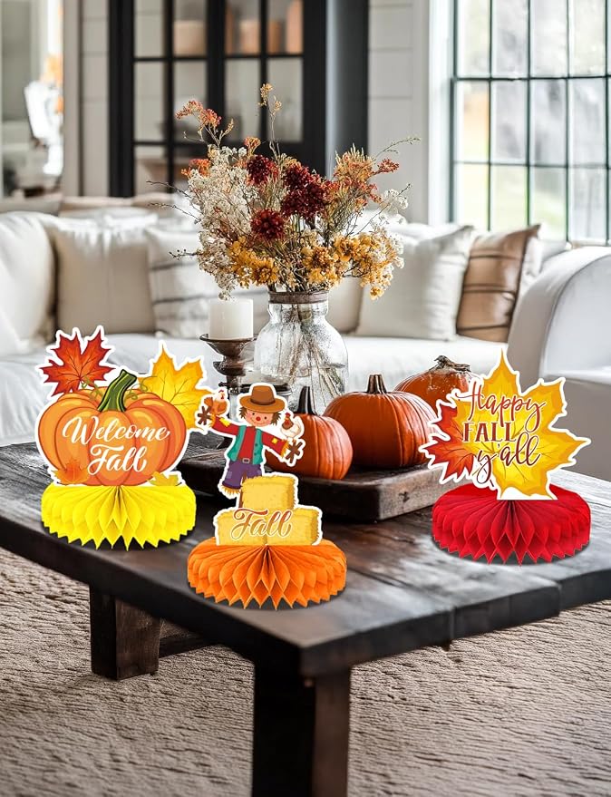 Fall Table Decorations - 9Pcs Fall Centerpieces for Tables Autumn Honeycomb Centerpieces 3D Pumpkin Maple Leaf Table Topper for Friendsgiving Harvest Birthday Thanksgiving Party Decorations