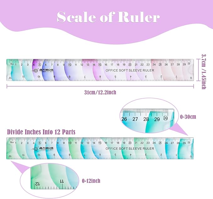 BAYTORY 6Pcs Flexible Plastic Ruler 30 cm /12 Inch, Plastic Ruler for School, Transparent Assorted Color Rulers with Inches and Centimeters, Soft Bendable Rulers for School & Office (30 cm / 12 Inch)