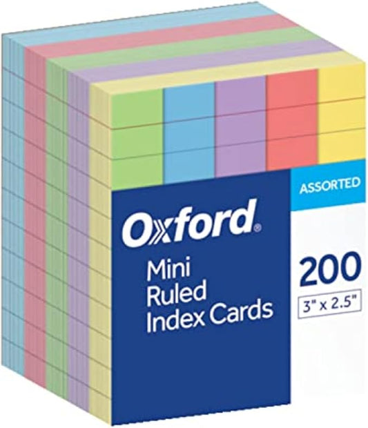 Oxford Mini Ruled Index Cards, Ruled, 3". x 2.5" , Assorted Colors, 200 ea