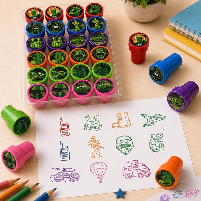Cinrobiye 24 Pcs Military Theme Pre-Inked Stampers for Kids, Army Party Favor Stamp Set with 12 Unique Soldier Designs, Classroom Rewards, Birthday Party Supplies, Goodie Bag Fillers, Carnival Prizes