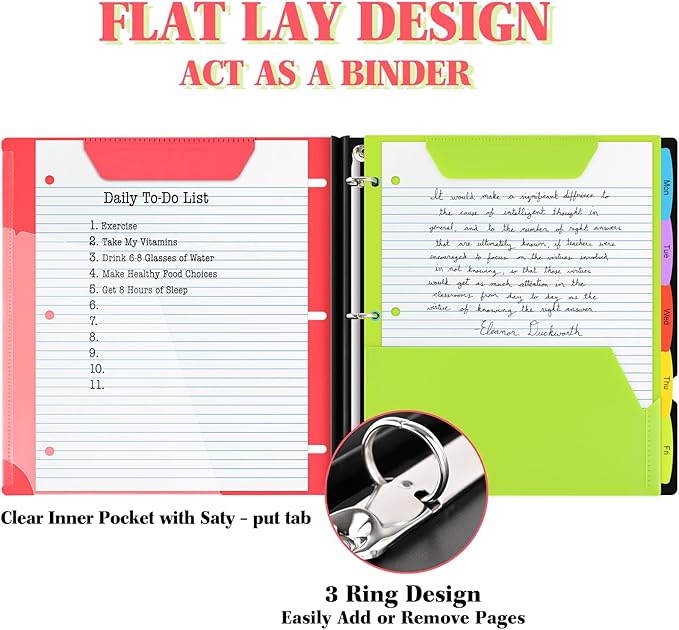 INFUN All-in-one Telescoping Binder Notebook- 2PCS, 3 Ring Notebook Binder with 1 Plastic Movable Pocket Folder,5 Plastic Subject dividers and Graph Paper and College Ruled Paper - Red