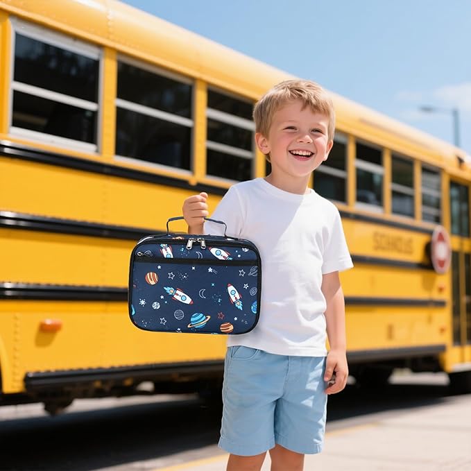 Lunch Box for Kids Boys Insulated Lunch Bags Toddler Lunch Tote Bag Thermo Picnic Cooler Bag for School Children (Spaceship-Navy Blue)