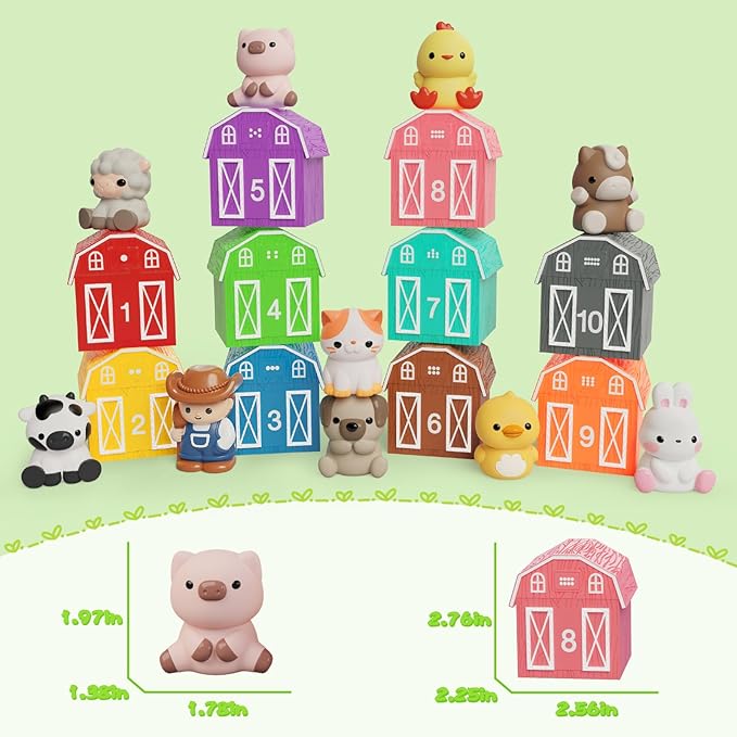 Learning Toy for Toddlers 1 2 3+ Years Old, 20 PCS Farm Animal Barn playset & Finger Puppets, Montessori toys for Kids,10 Animals & 10 Barns for Babies Boys Girls Easter Christmas Birthday Gift