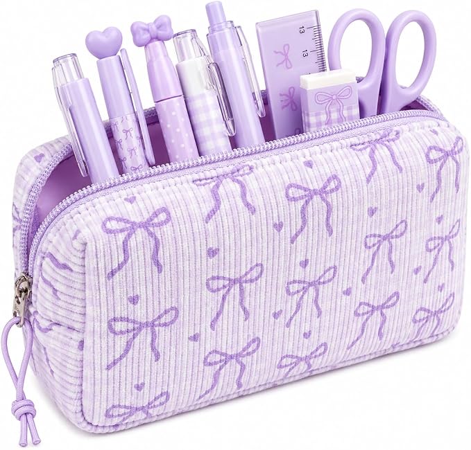 LEDAOU Cute Pencil Case for Kids Girls Boys Pencil Pouch kawaii Pen Pencil Box Bag Holder for School Students (Corduroy -Bow Purple)
