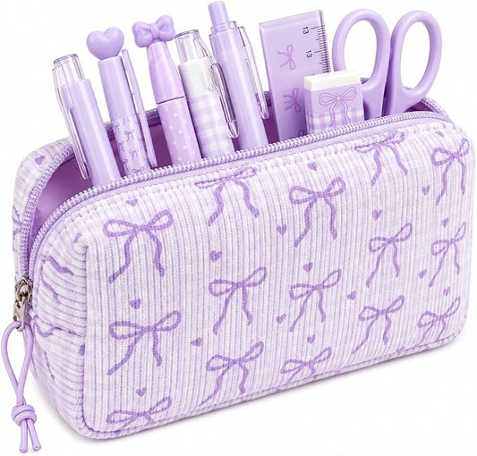 LEDAOU Cute Pencil Case for Kids Girls Boys Pencil Pouch kawaii Pen Pencil Box Bag Holder for School Students (Corduroy -Bow Purple)