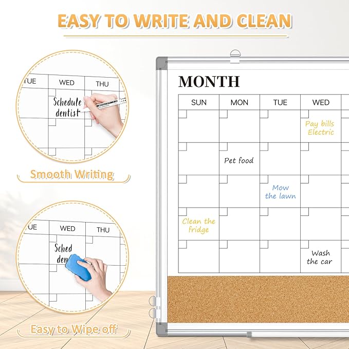 Dry Erase Calendar Whiteboard for Wall, 30"x20" Magnetic Monthly White Board Cork Board Combo, Double Sided, Aluminum Frame, Wall Hanging Wipe Board for Home, Office, School, Dorm