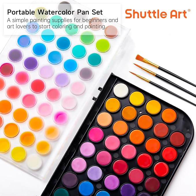 Shuttle Art Watercolor Paint Set, 48 Colors Watercolor Paint Pan Set with 3 Paint Brushes for Beginners, Artists, Kids & Adults for Painting, Journaling, Calligraphy Practice