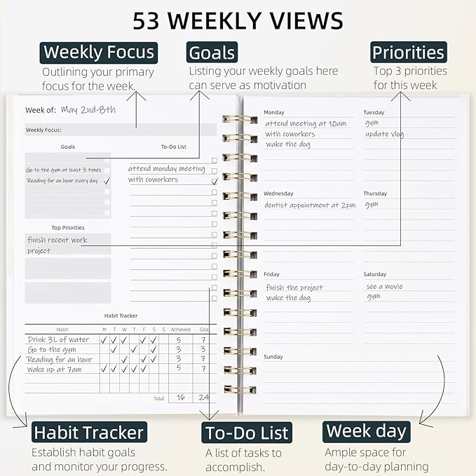 Undated Weekly and Monthly Planner Spiral Bound- Weekly Goals Notebook, To Do List, Habit Tracker Journal, Academic, Aesthetic, Stylish School or Office Supplies (6.1" x 8.4" - Cream)