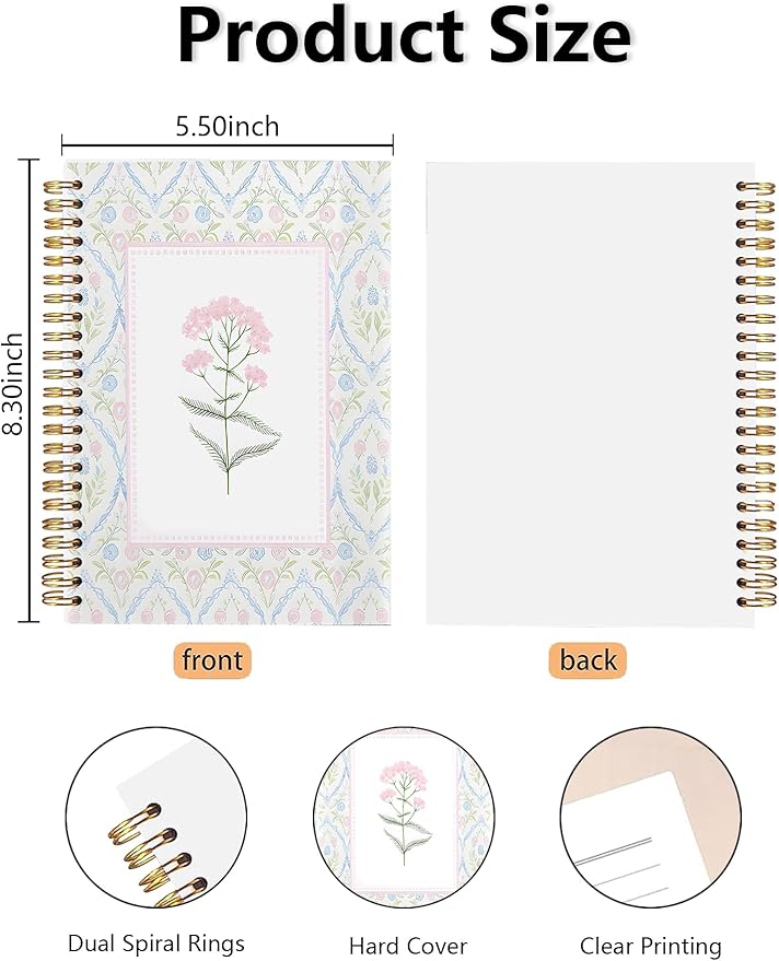 Pink and Blue Floral Spiral Notebook, Grandmillennial Wild Flower Journal for Women, Pastel Preppy Botanical Aesthetic Notebook 5.5x8.3 Inch, Preppy Office Supplies-365