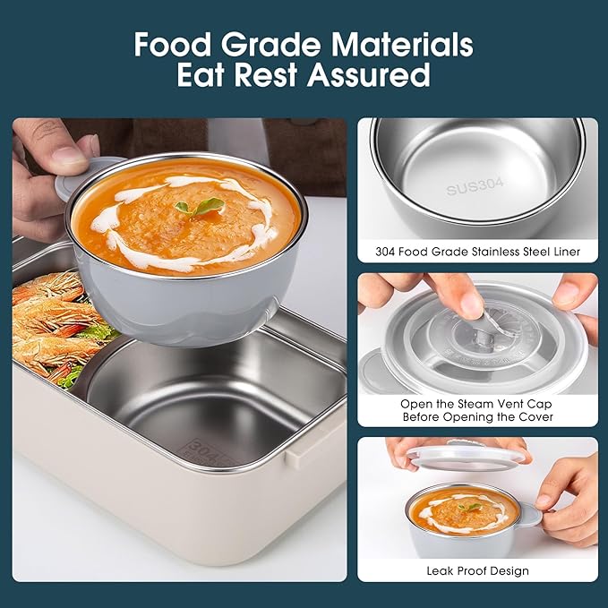 Bento Box Adult Lunch Box, Stackable 2 Layer 304 Stainless Steel Lunch Container for Adults Kids Office, 2L Capacity Portable Lunch Box Containers with Soup Bowl Spoon and Fork