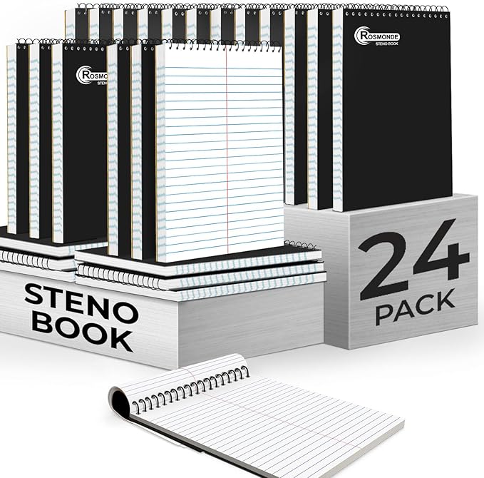 Rosmonde 24 Pack Spiral Steno Pads, 6 x 9, Gregg Rule, Black Steno Pad, Top Spiral Notebook, Long Lasting - 80 Sheets (160 Pages), Bulk Steno Notebook for Business, Top Spiral Steno Book for Office
