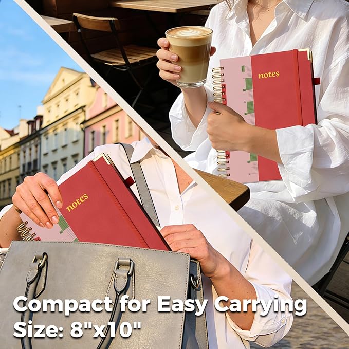 Line Hardcover Spiral Notebook with Removable Dividers Tabs & Ruler, 5 Subject Notebook College Ruled, 300 Page, Large 8"x10" B5 Notebooks for Work School, Lined Journal for Women & Men, Red