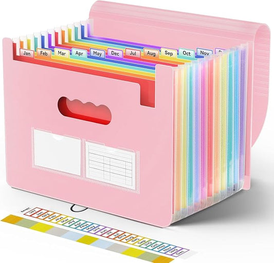 Sooez Accordion File Organizer, 13 Pockets Expanding File Folders, Portable Monthly Paper Bill Tax Receipt Organizer, Letter A4 Size Document Holder with Blank Labels