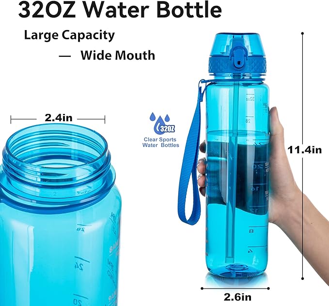 GOPPUS Water Bottle Clear Water Bottles 32oz Motivational with Time Marker Tritan BPA Free Sports Water Bottles Wide Mouth for Gym Travel Home School Office