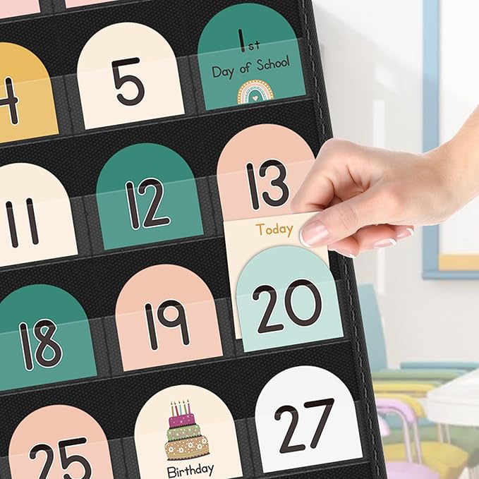 Eamay Boho Calendar Pocket Chart with 90 Cards for Kids Learning,Classroom and Home School Décor,Black