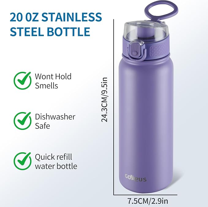 GOPPUS Insulated Water Bottle 20oz Stainless Steel BPA-Free Sports Bottle Ideal for School and Travel Silicone Spout Lid Prevents Leaks, Sweat, and Dust (Purple)