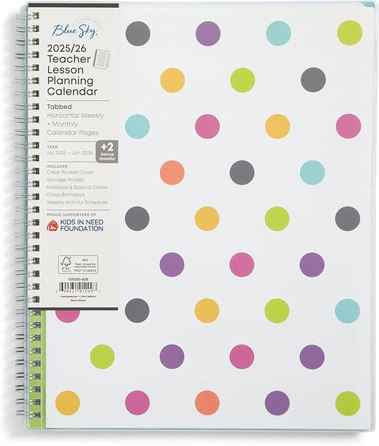 Blue Sky 2025-2026 Weekly and Monthly Academic Year Teacher Lesson Planner Calendar, July 2025 - June 2026, 8.5" x 11", Flexible Cover, Wirebound, Laminated Tabs, Storage Pocket, Dots