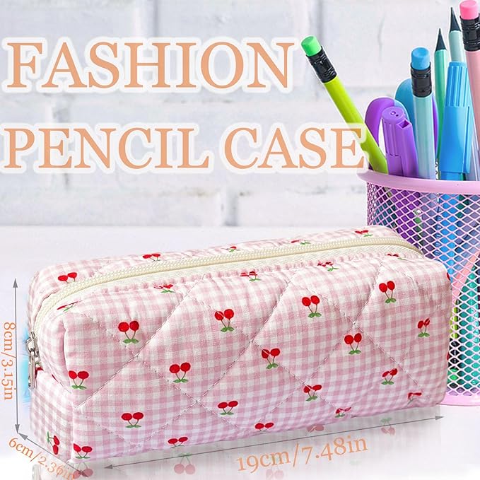 Pencil Pouch Cute Pencil Case Office Storage Bag Holder Box Organizer Aesthetic Bow Flower Pattern Makeup Pouch Cosmetic Bag for Women Girls (Pink plaid+Cherry)