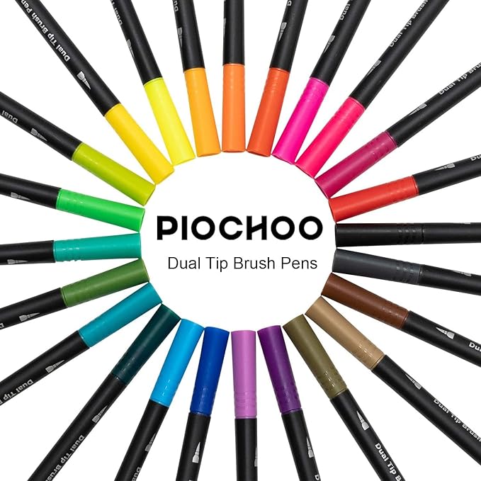 Piochoo Art Markers Pens Dual Tip Coloring Markers Set with Brush & Fine Nib for Adult Coloring Book Cut Gifts Professional Calligraphy & Drawing Art Supplies for Note Taking Journal (72 Colors)