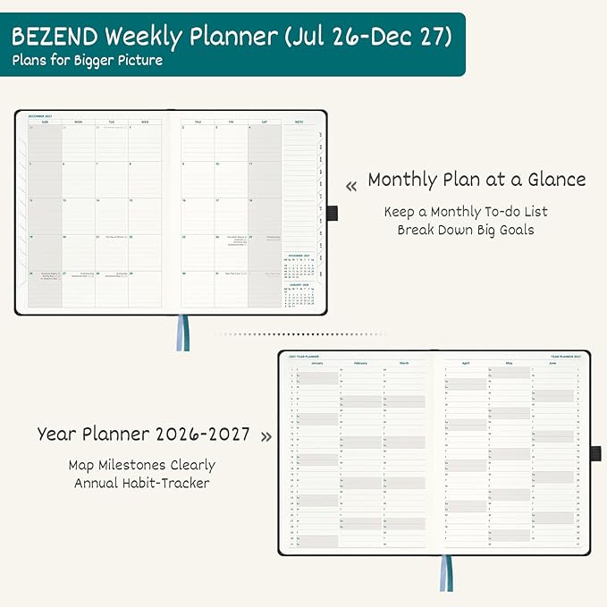 BEZEND Weekly Planner 2026-2027 (8.5" x 11") Horizontal Layout Notebook (Jul 26-Dec 27) 18 Months Academic Calendar & Monthly Tabs, Ideal for Students, Work & Home, PU Leather Hardcover -Blue