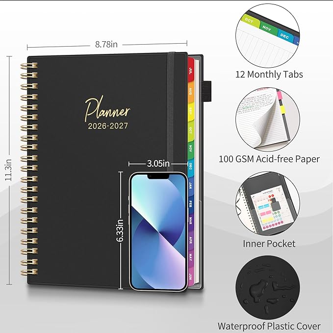 EMSHOI 2026-2027 Appointment Book, A4 15-Minute Hourly Planner, July 2026 - June 2027, Academic Planner Weekly and Monthly, 100GSM Thick Paper, Flexible Cover, Note Pages, Colorful Tabs, Black