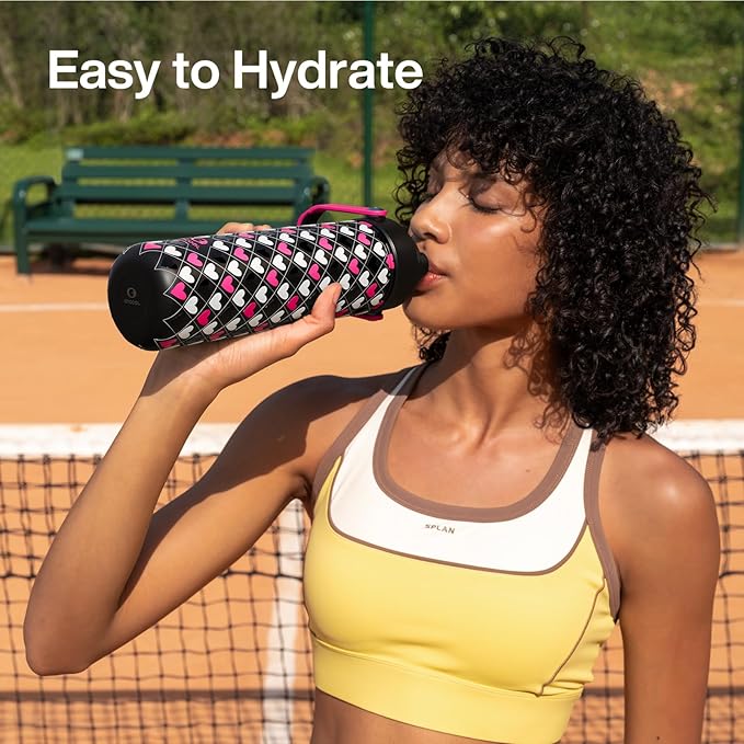 ENCOOL Insulated Water Bottle with Straw Stainless Steel Water Bottle, Leak-Proof, BPA-Free, Keeps Cold for 24 Hours for Sports, Travel, School (26 oz,Bold Hearts Valentine x Black)