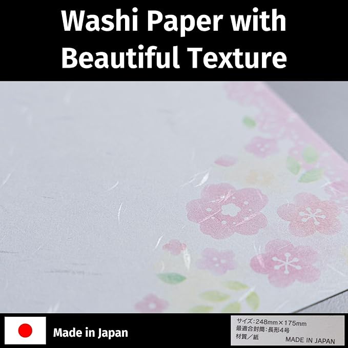 Iyo Washi Printable Stationery Paper 15 Sheets (9.7 x 6.9 inch) Made in Japan, Japanese Pink Flowers Stationery Paper, Inkjet Printer, for Letter Writing, Greeting Card