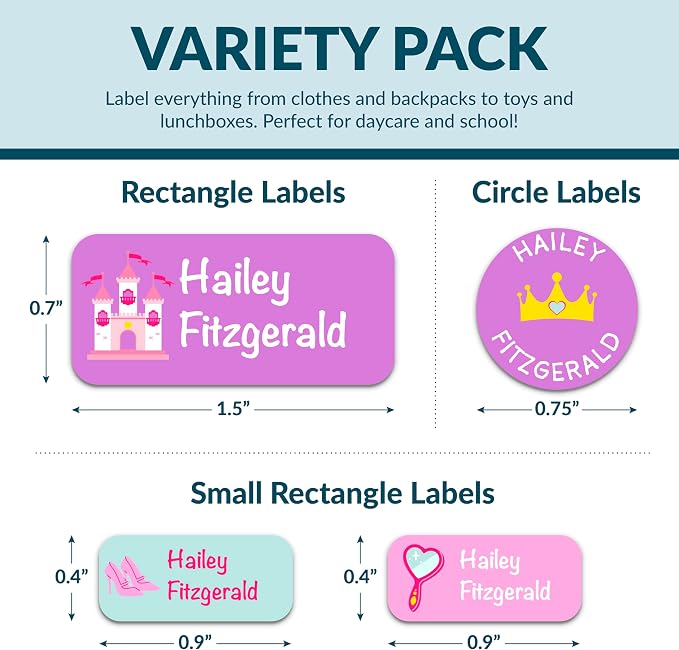 Personalized Waterproof Name Labels for Kids | Optional Packs 50, 150, 230 Labels | Custom Name Stickers for Kids' Clothing Tag, Water Bottle, Lunch Box, Customize Kid Name Label for Daycare Princess