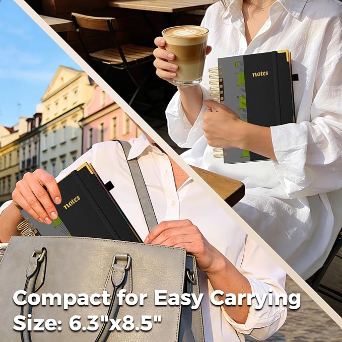 XYark A5 Hardcover Spiral Notebook, 6.3"x8.5" College Ruled Notebooks with Removable Dividers Tabs & Ruler, 5 Subject Notebook 300 Pages, Small Lined Journal for Women Men School Work Office, Black