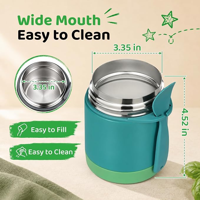 Pawtong10oz Soup Thermo for Hot Food Kids Insulated Food Jar,Thermo Hot Food Lunch Container, Width Mouth Stainless Steel Lunch Box for Kids with Spoon (Green)