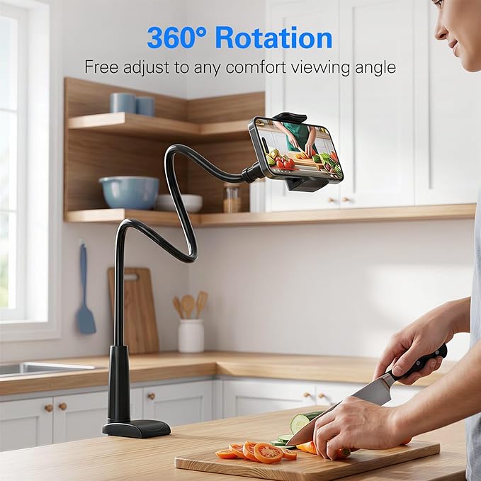 MAGIPEA Cell Phone Clip Bed Stand Holder, with Grip Flexible Long Arm Gooseneck Bracket Mount Clamp for Desk, Compatible with iPhone 17/16 Pro Max, 15, 14 or Other 3.5-7" Devices (Black, 34in)