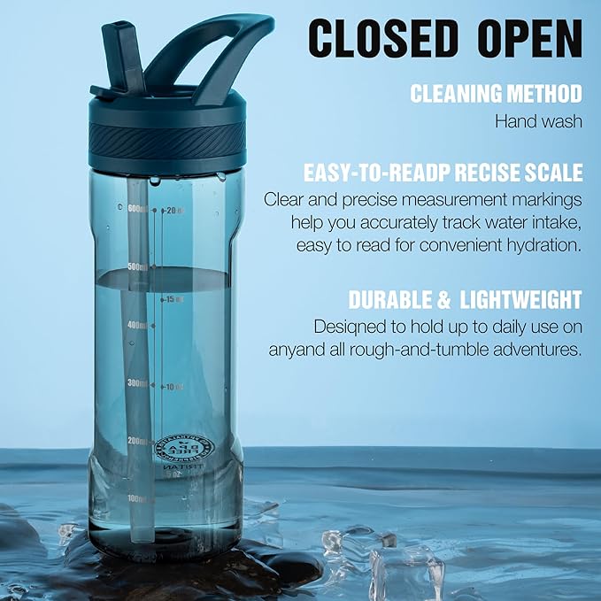 OLDLEY 20oz Kids Water Bottle with Straw, BPA-Free Tritan Water Bottle for School,Leakproof Clear Water Bottle with One Click Open, Measurement Scale,Cup Holder Friendly for Boys Girls,Midnight Blue
