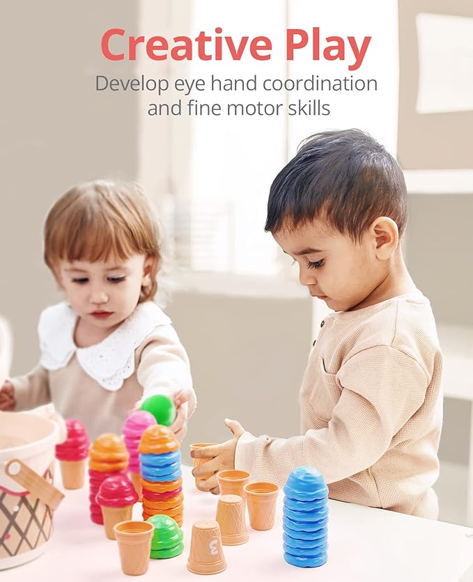 JoyCat Ice Cream Preschool Learning Activities Counting and Color Sorting Set Stacking Toys for Kids 3-5, Educational Fine Motor Skills Toys, 65PCS Math Manipulatives