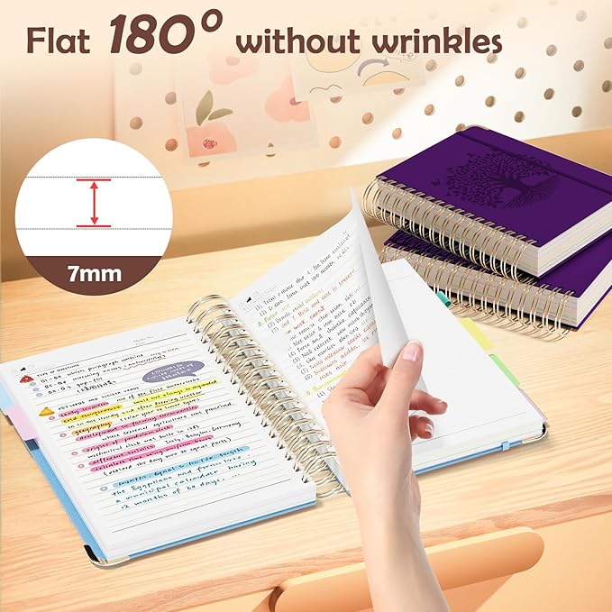 QIYVLOS Hardcover Spiral Notebook, B5 Journal with Removable Dividers Tabs, 5 Subject Notebook College Ruled, 320 Pages 8"x10" Leather Notebooks for Work School Study, Lined Journal for Women, Purple