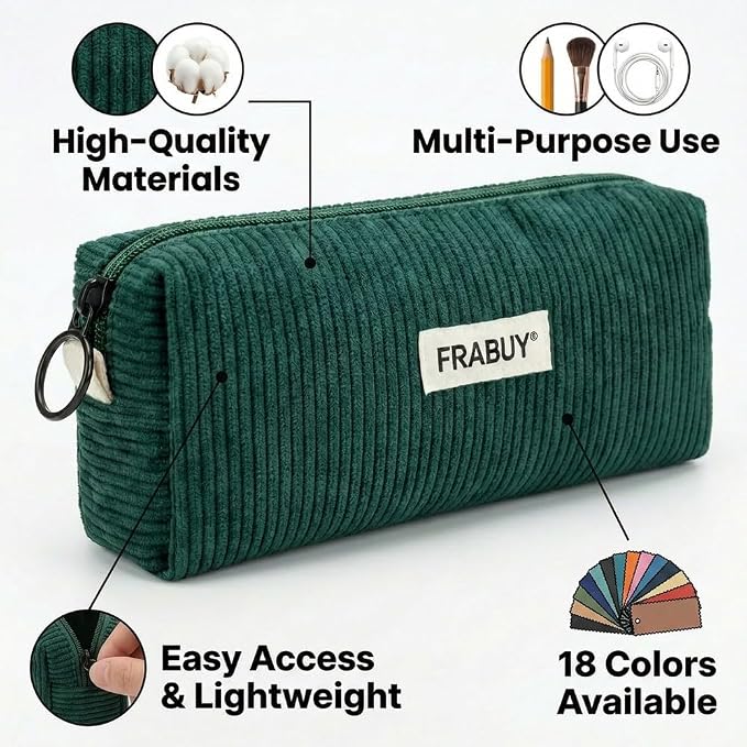Soft Corduroy Pencil Case Pen Pouch Organizer, Small Stationery Bag | Cute dark green pencil pouch, smooth zipper, daily cosmetics holder, compact organizer for school teen girls, women