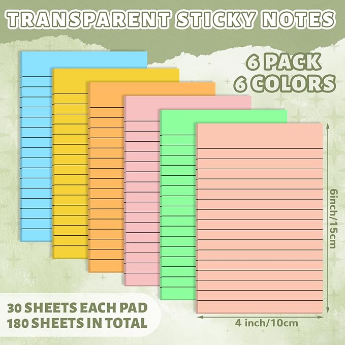 Yinder 6 Pack Pastel Transparent Sticky Notes Translucent Clear Lined Self Stick Note, Back to School Gifts for Bible Tabs, Book Tabs, School Supplies Office, 30 Sheets/Pack, 4 x 6'' (Rainbow Color)