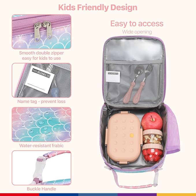 Bagseri Kids Lunch Bag with Shoulder Strap - Insulated Crossbody Girls Lunch Box for School & Travel, Reusable Large Meal Tote with Bottle Holder, Fits Bento Box, Purple Mermaid Tail