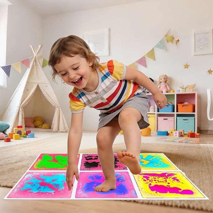 Liquid Sensory Floor Tiles for Kids: 12x12 Inch Active Play Mats for Kids Non-Toxic Leakproof -6 PCS Non-Slip Color-Changing Pads Stress Relief & Motor Skills Toys