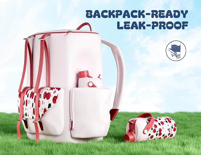 12 oz Kids Water Bottle for Girls: Leakproof, Durable Straw Spout Lid, 24H Cold, with Leather Sleeve, Easy Carry, Insulated Stainless Steel Cup for School, Travel, Camping, Daily (Giggly Cherry)