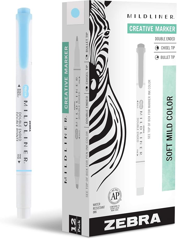 Zebra Pen Mildliner Dual-Tip Highlighters, Broad and Fine Tips, Ideal for Bible Highlighting, No Bleed, School Supplies, Teacher Supplies, and Office Supplies, Mild Blue Ink, 12-Pack (78120upc)