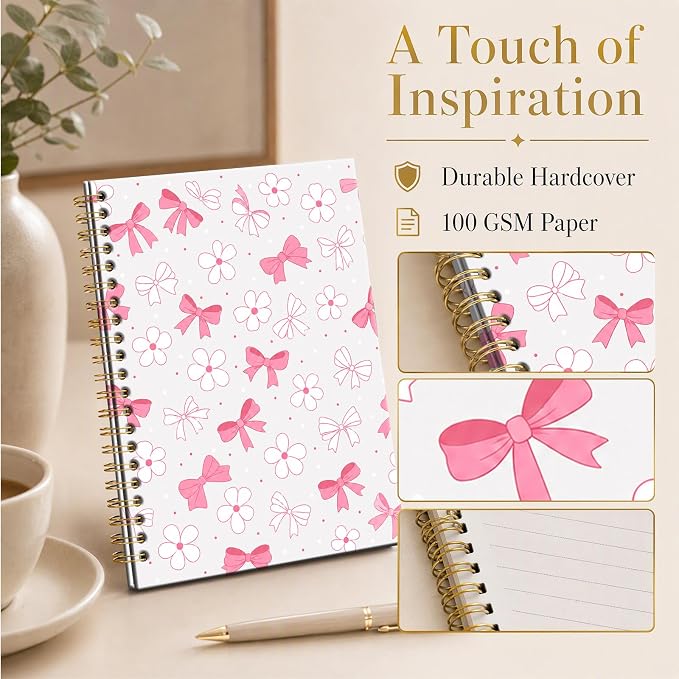ATJFKIXL Cute Spiral Journal Notebook, A5 120 Page College Ruled Wirebound Notebook, Soft Cover for Students Office Notes and Planning - Pink Bow Daisy