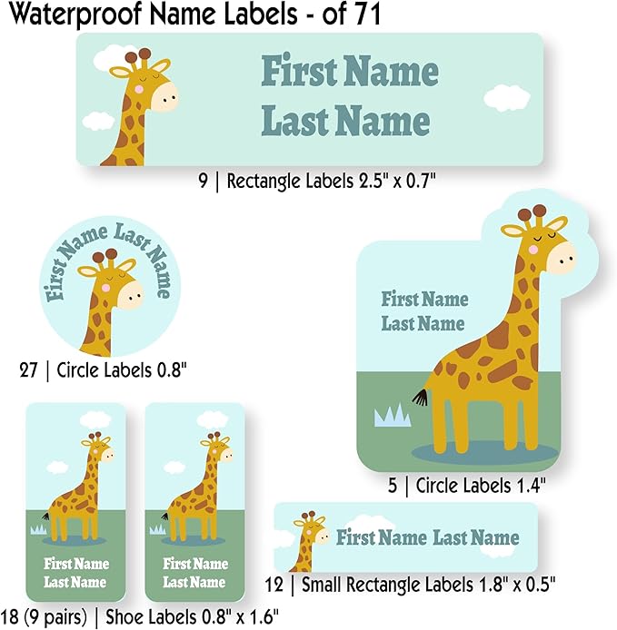 Personalized Kids Name Labels – Waterproof Custom Stickers for Daycare & School, Dishwasher & Laundry Safe (Giraffe - Green)