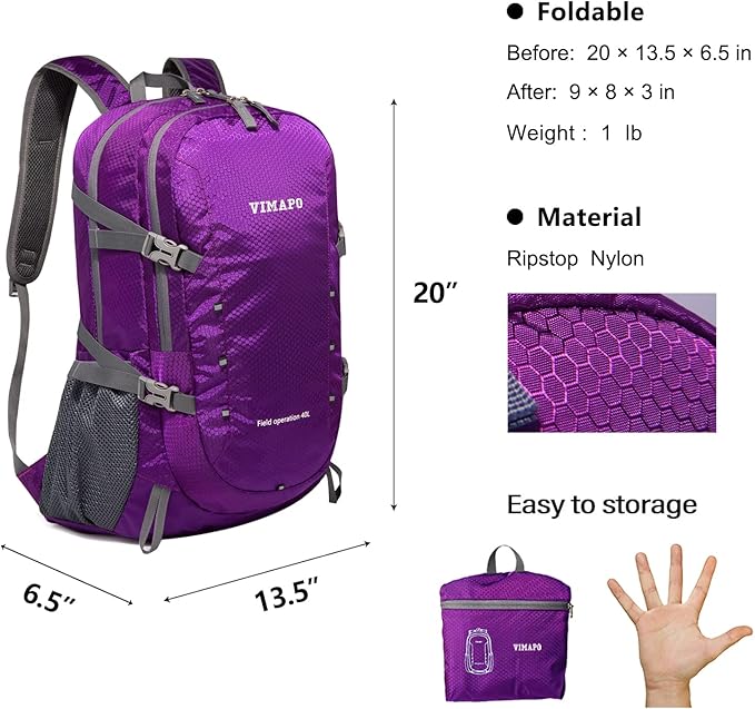 Packable Lightweight Backpack 40L, Ripstop Nylon Foldable Traveling Daypack, Collapsible Hiking Backpack For Outdoor(Purple)