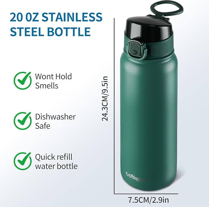 GOPPUS Insulated Water Bottle 20oz Stainless Steel BPA-Free Sports Bottle Ideal for School and Travel Silicone Spout Lid Prevents Leaks, Sweat, and Dust (Army green)