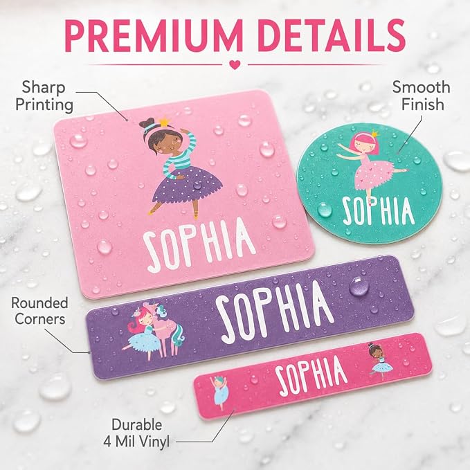 Andaz Press Custom Personalized Waterproof School Name Labels, Ballerina, 120-Pack, Kids Labels Combo Pack, Customizable Multi-Use Name Stickers Back to School Supplies Custom Name Stickers
