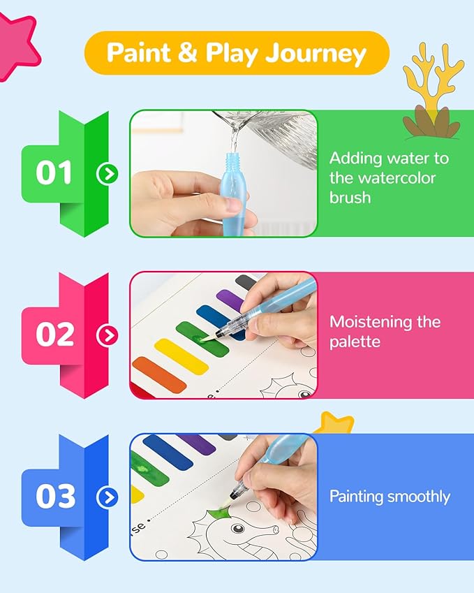 TECJOE Paint with Water Coloring Books for Toddlers, Marine Animal Series Watercolor Set with 3 Brushes, Mess Free Painting Activity for Kids Ages 4 5 6 7 8, Arts & Crafts Toy